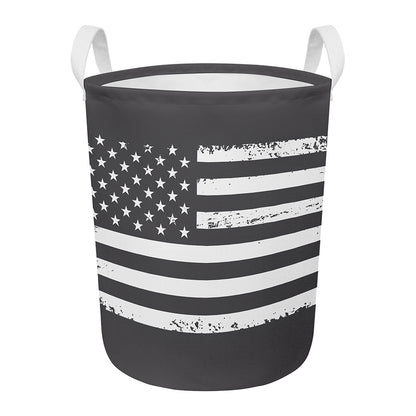 Grey And White American Flag Print Round Laundry Basket