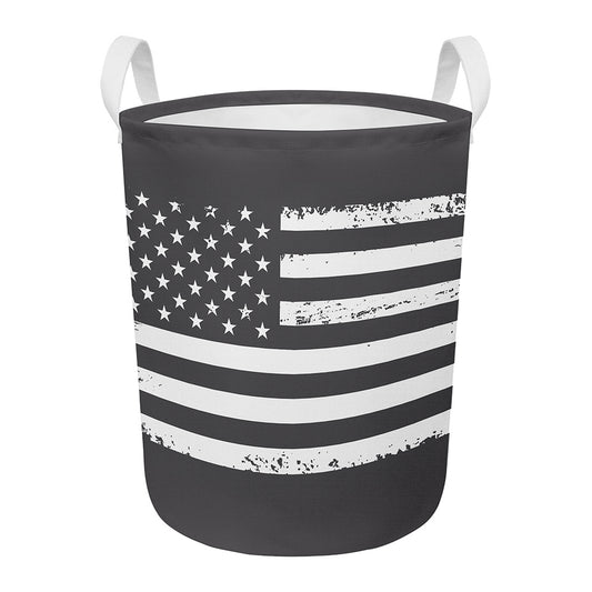 Grey And White American Flag Print Round Laundry Basket