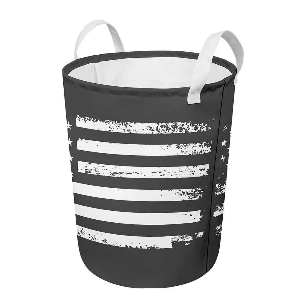 Grey And White American Flag Print Round Laundry Basket