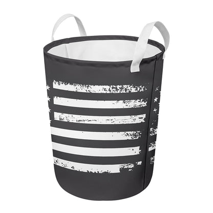 Grey And White American Flag Print Round Laundry Basket