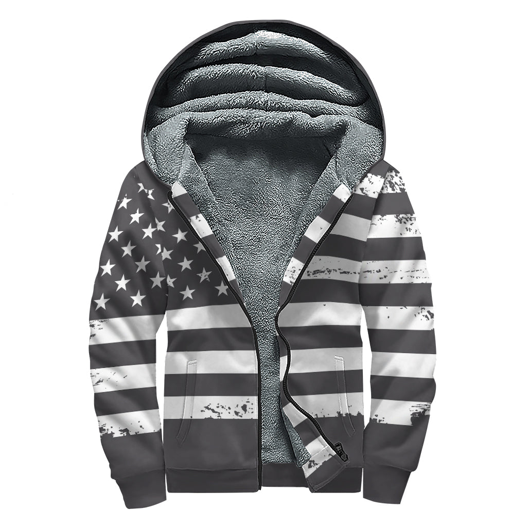 Grey And White American Flag Print Sherpa Lined Zip Up Hoodie