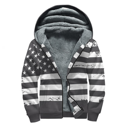 Grey And White American Flag Print Sherpa Lined Zip Up Hoodie