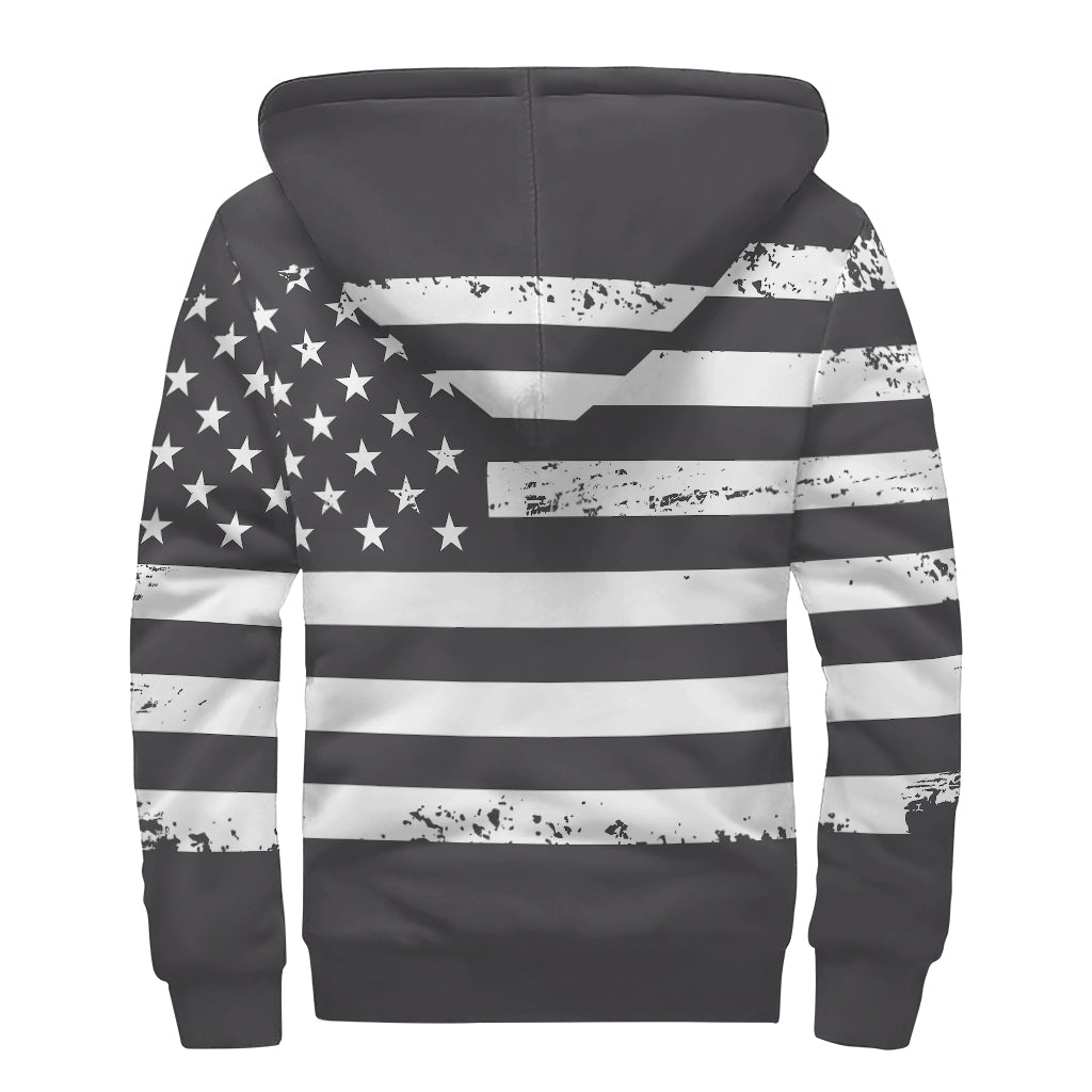 Grey And White American Flag Print Sherpa Lined Zip Up Hoodie