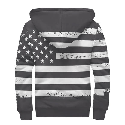 Grey And White American Flag Print Sherpa Lined Zip Up Hoodie