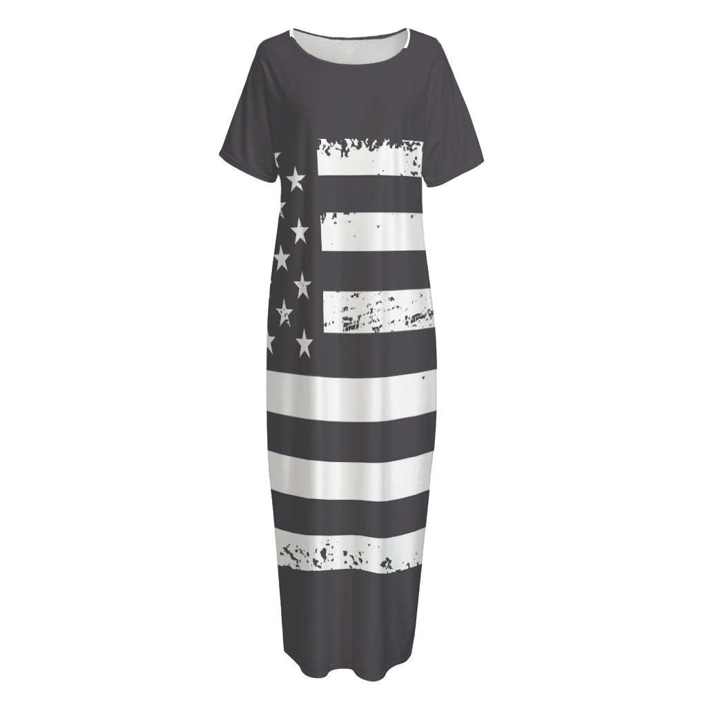 Grey And White American Flag Print Short Sleeve Long Nightdress
