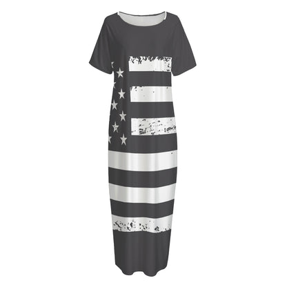 Grey And White American Flag Print Short Sleeve Long Nightdress