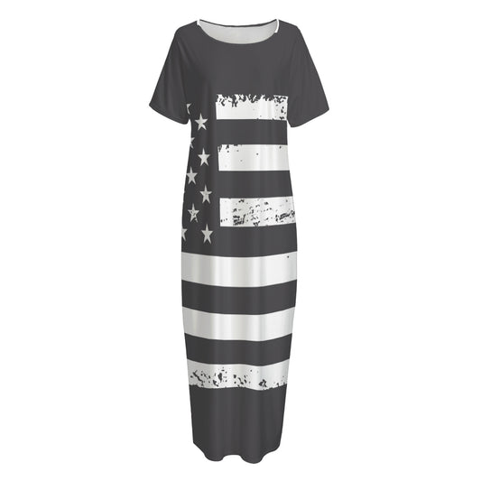 Grey And White American Flag Print Short Sleeve Long Nightdress