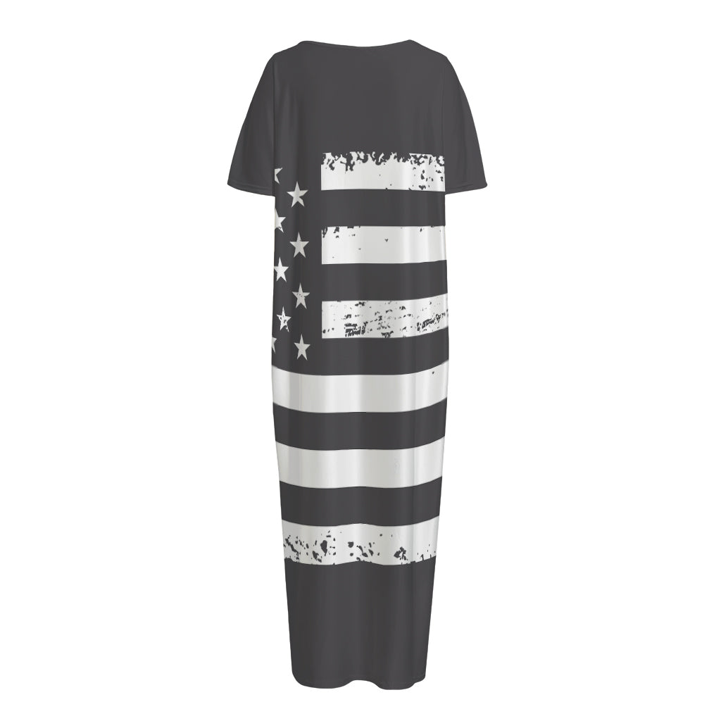 Grey And White American Flag Print Short Sleeve Long Nightdress