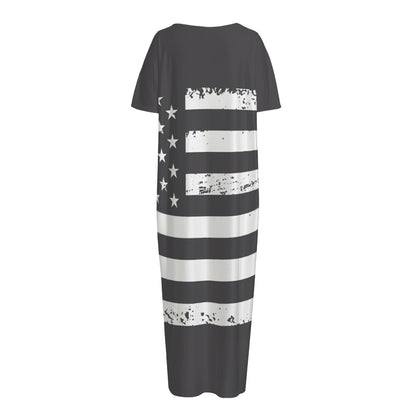 Grey And White American Flag Print Short Sleeve Long Nightdress