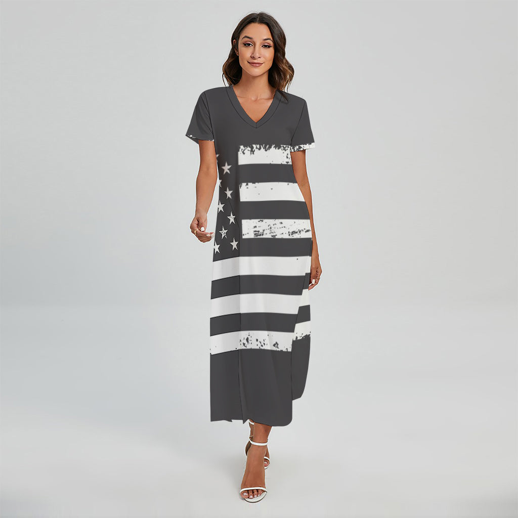 Grey And White American Flag Print Short Sleeve Maxi Dress