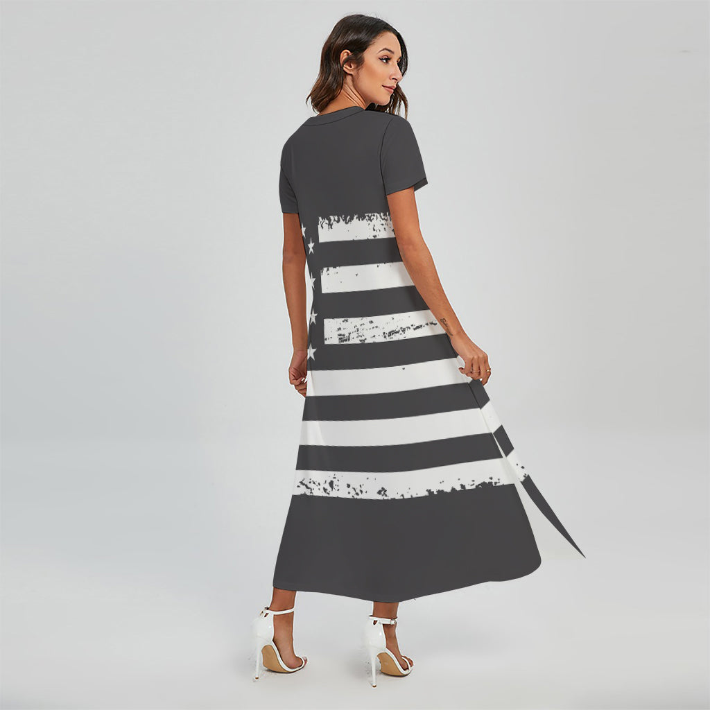 Grey And White American Flag Print Short Sleeve Maxi Dress