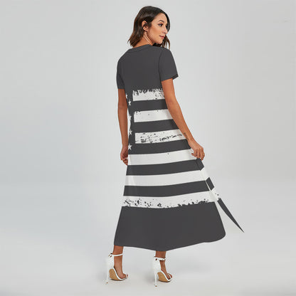 Grey And White American Flag Print Short Sleeve Maxi Dress
