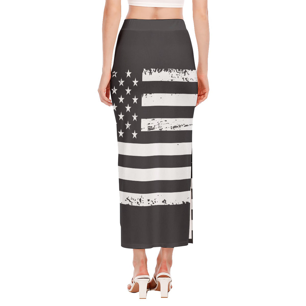Grey And White American Flag Print Side Slit Maxi Skirt