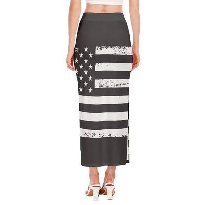 Grey And White American Flag Print Side Slit Maxi Skirt