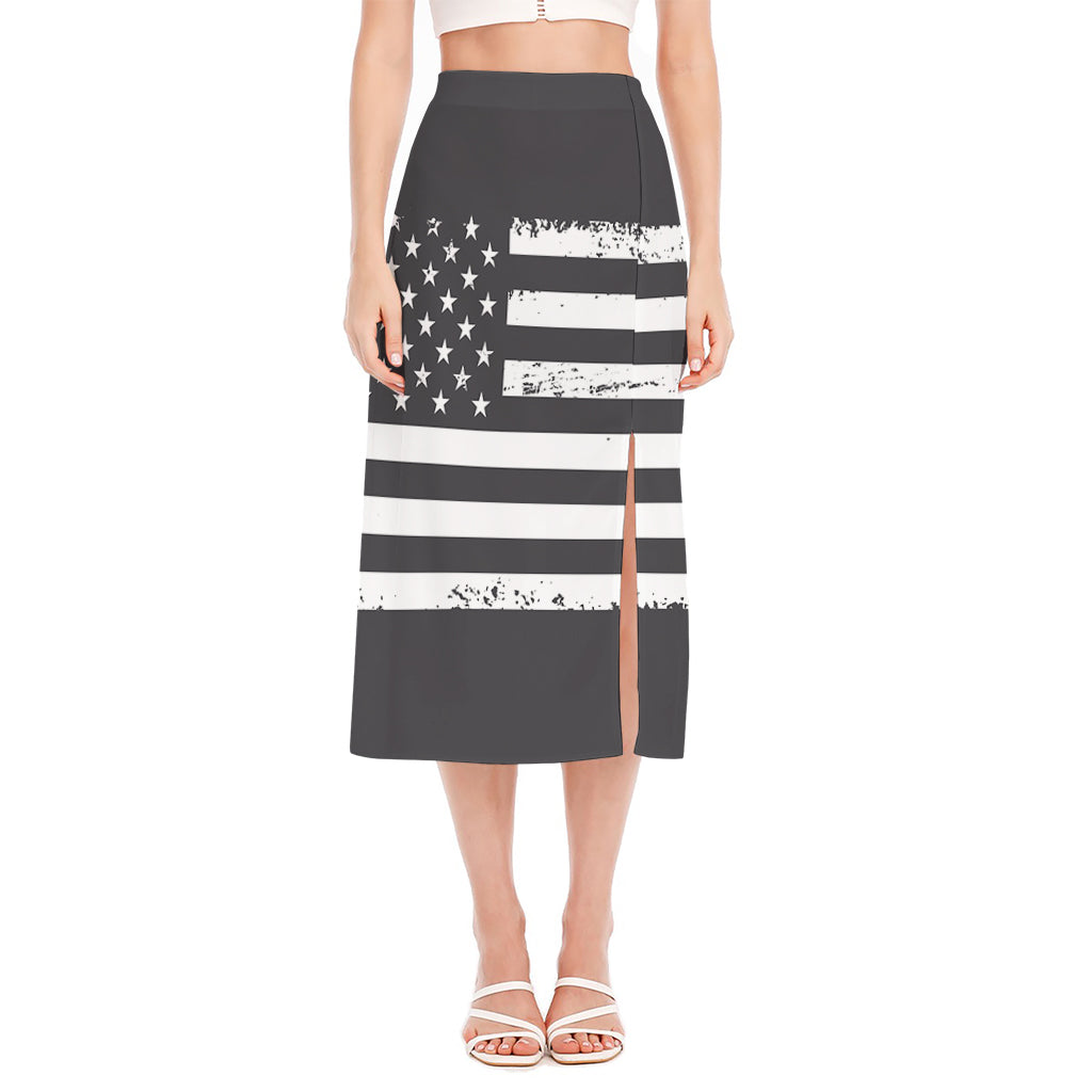 Grey And White American Flag Print Side Slit Midi Skirt