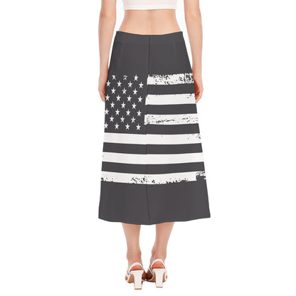 Grey And White American Flag Print Side Slit Midi Skirt