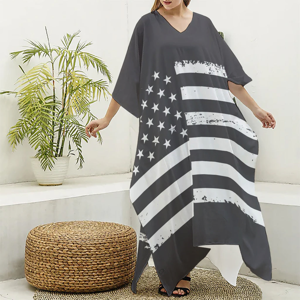 Grey And White American Flag Print Silk V-Neck Kaftan Dress
