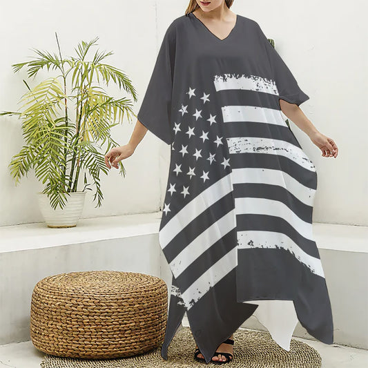 Grey And White American Flag Print Silk V-Neck Kaftan Dress