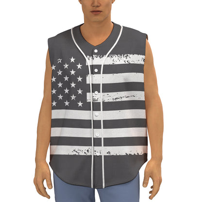 Grey And White American Flag Print Sleeveless Baseball Jersey