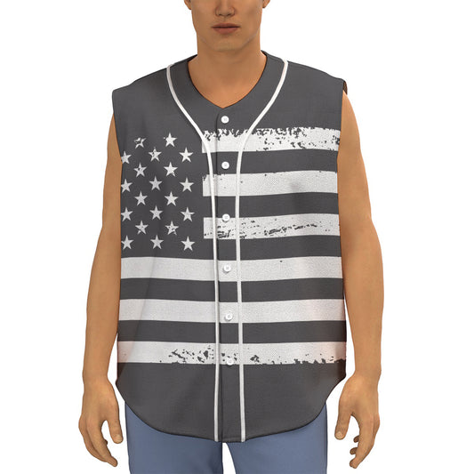 Grey And White American Flag Print Sleeveless Baseball Jersey