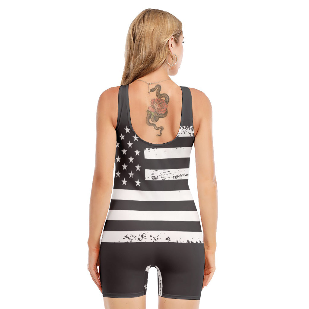 Grey And White American Flag Print Sleeveless One Piece Swimsuit