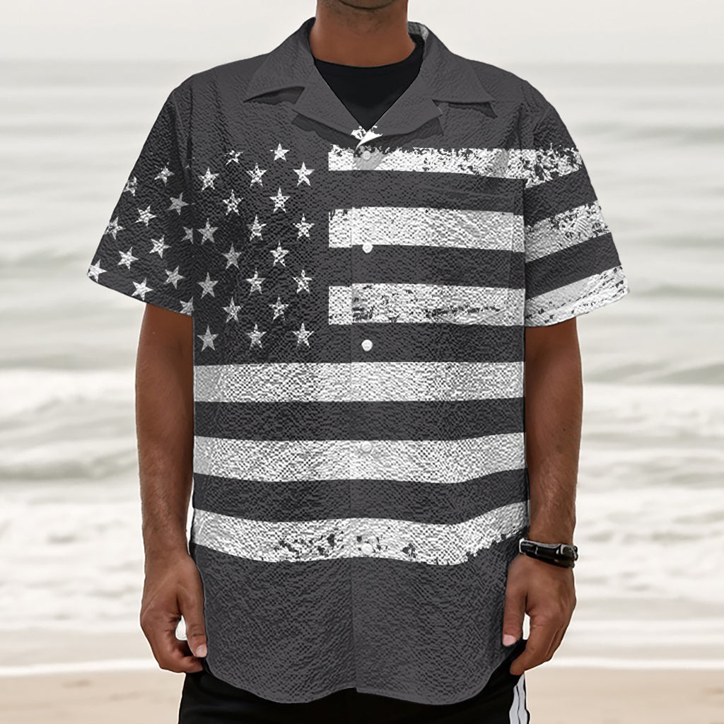 Grey And White American Flag Print Textured Short Sleeve Shirt