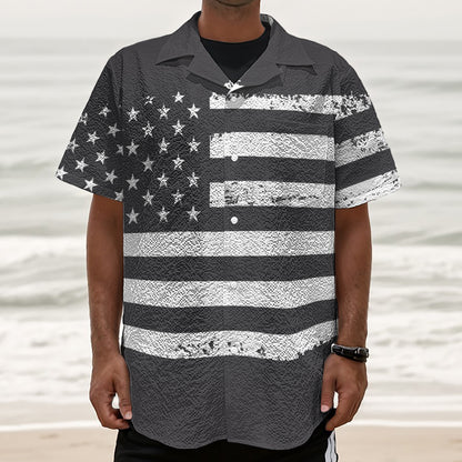 Grey And White American Flag Print Textured Short Sleeve Shirt