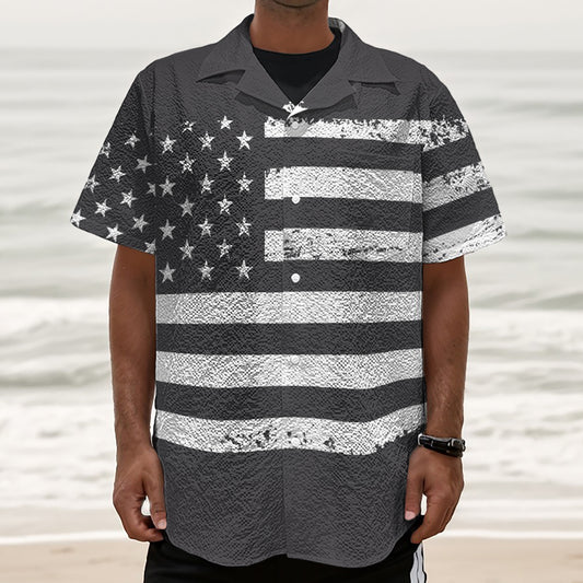 Grey And White American Flag Print Textured Short Sleeve Shirt
