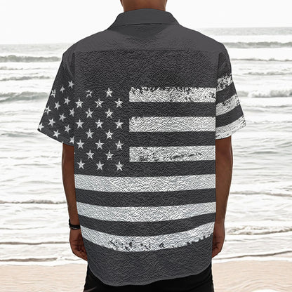 Grey And White American Flag Print Textured Short Sleeve Shirt
