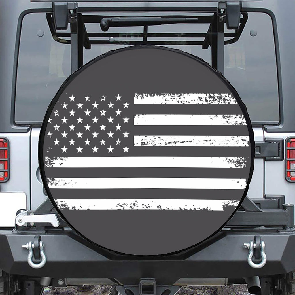 Grey And White American Flag Print Tire Cover