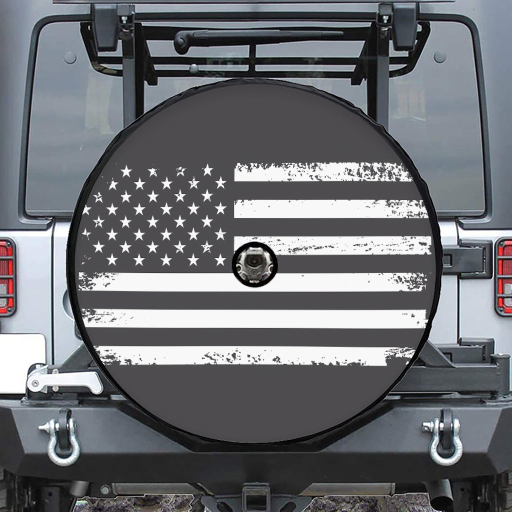 Grey And White American Flag Print Tire Cover With Camera Hole