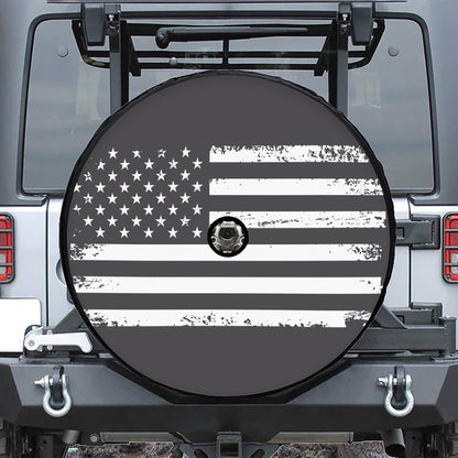 Grey And White American Flag Print Tire Cover With Camera Hole