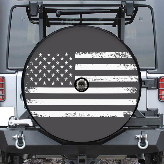 Grey And White American Flag Print Tire Cover With Camera Hole