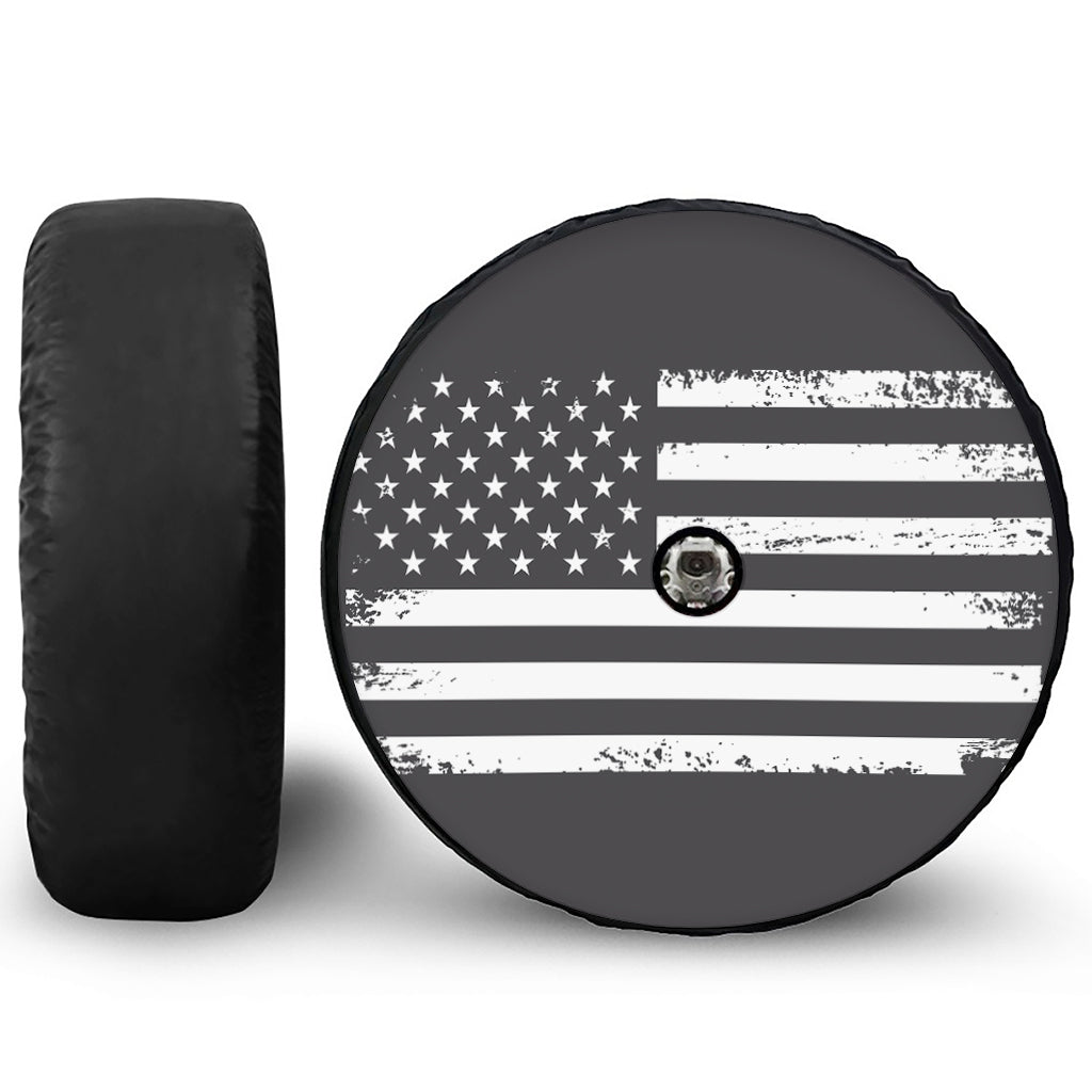 Grey And White American Flag Print Tire Cover With Camera Hole