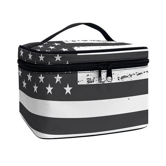 Grey And White American Flag Print Travel Makeup Bag