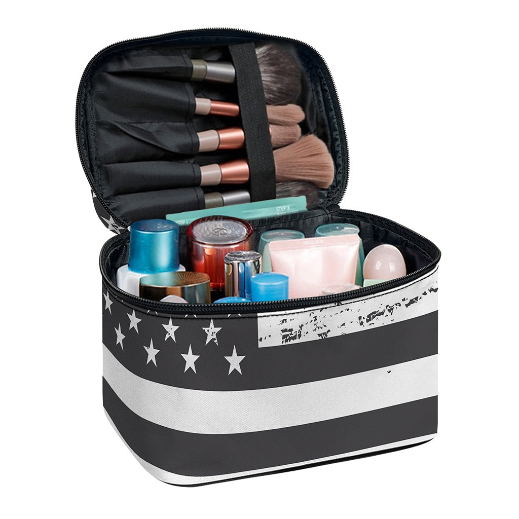 Grey And White American Flag Print Travel Makeup Bag