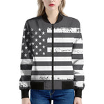 Grey And White American Flag Print Women's Bomber Jacket