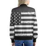 Grey And White American Flag Print Women's Bomber Jacket