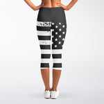Grey And White American Flag Print Women's Capri Leggings