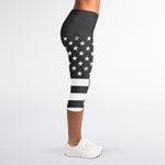 Grey And White American Flag Print Women's Capri Leggings