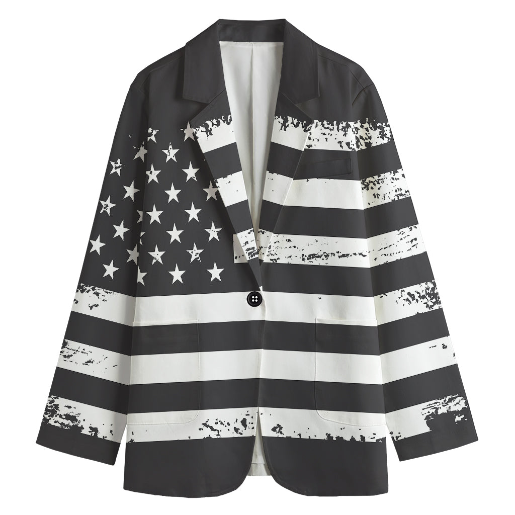 Grey And White American Flag Print Women's Cotton Blazer