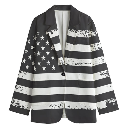 Grey And White American Flag Print Women's Cotton Blazer