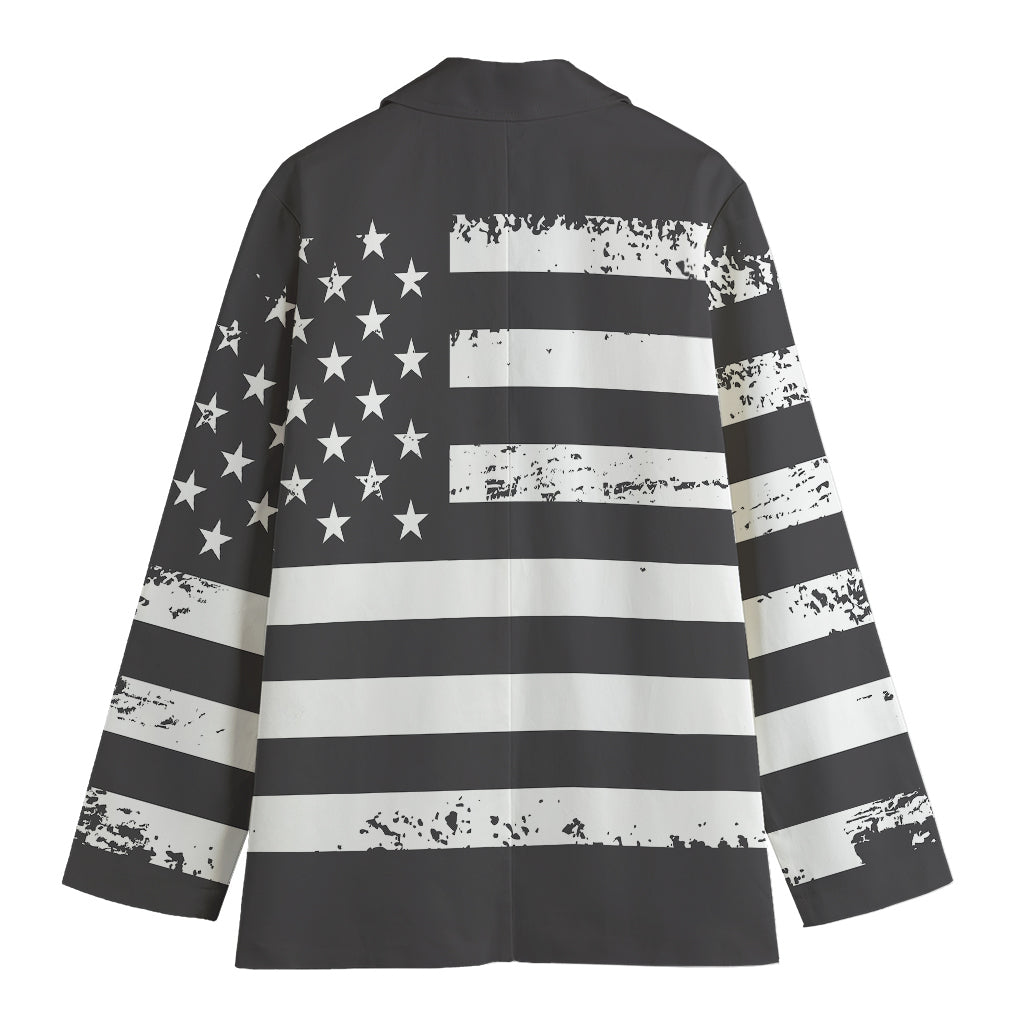 Grey And White American Flag Print Women's Cotton Blazer