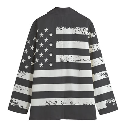 Grey And White American Flag Print Women's Cotton Blazer