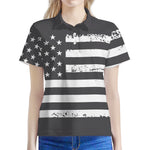 Grey And White American Flag Print Women's Polo Shirt