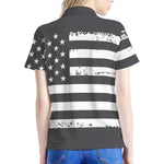 Grey And White American Flag Print Women's Polo Shirt