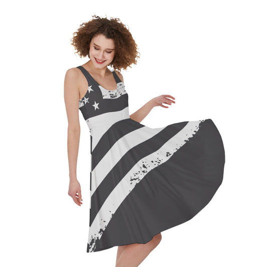 Grey And White American Flag Print Women's Sleeveless Dress