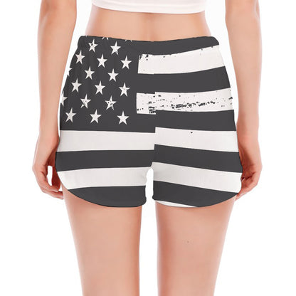 Grey And White American Flag Print Women's Split Running Shorts
