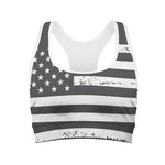 Grey And White American Flag Print Women's Sports Bra