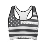 Grey And White American Flag Print Women's Sports Bra